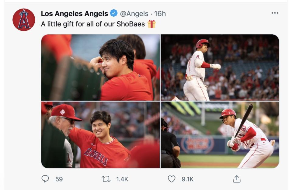 天使隊在推特上放大谷可愛四連拍。（圖／翻攝自洛杉磯天使隊推特）