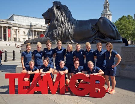 Britain Rugby Union - Team GB - Rio 2016 Rugby Sevens Team Announcement - Brazilian Embassy, London - 19/7/16 Team GB Rugby Sevens women's team pose for a group photo in Trafalgar Square Action Images via Reuters / Henry Browne Livepic EDITORIAL USE ONLY.