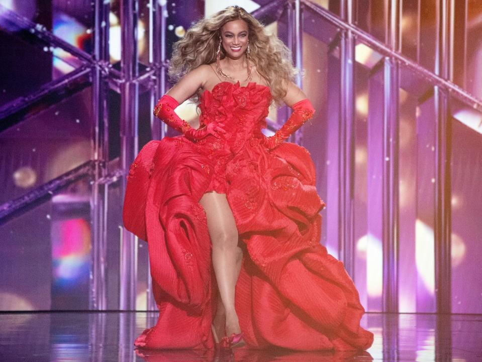 <p>Tyra Banks makes a red hot entrance on her first night as host during the season premiere of <i>Dancing with the Stars </i>on Monday. </p>