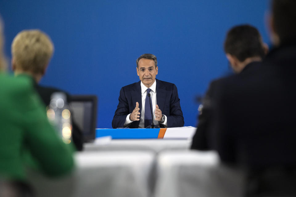 Greece's Prime Minister and New Democracy leader Kyriakos Mitsotakis, addresses journalists during a news conference at Lavrio town, southeast of Athens, Greece, Sunday, May 14, 2023. Greece holds general elections on May 21.Greeks go to the polls Sunday, May 21, in the first general election held since the country ended successive international bailout programs and strict surveillance period imposed by European leaders. Conservative Prime Minister Kyriakos Mitsotakis is seeking a second four-year term and is leading in opinions but may need a coalition partner to form the next government. (AP Photo/Yorgos Karahalis)