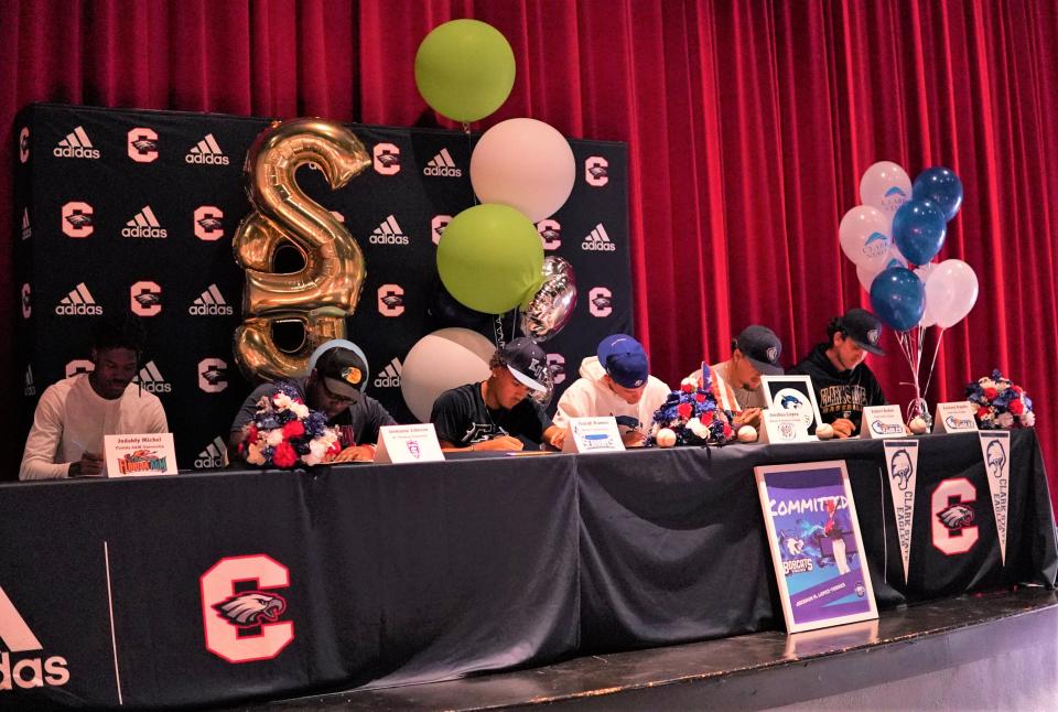 Centennial celebrated six seniors moving on to the next level in a ceremony on campus taking place Thursday, Mar. 2, 2023. Judah Michel (football, Florida A&M), Jermaine Johnson (football, St. Thomas), Isaiah Ramos (baseball, Keiser), Joeshua Lopez (baseball, Bryant & Stratton College), Robert Boden (baseball, Clark State) and Zachary Staples (baseball, Clark State) were the signees.