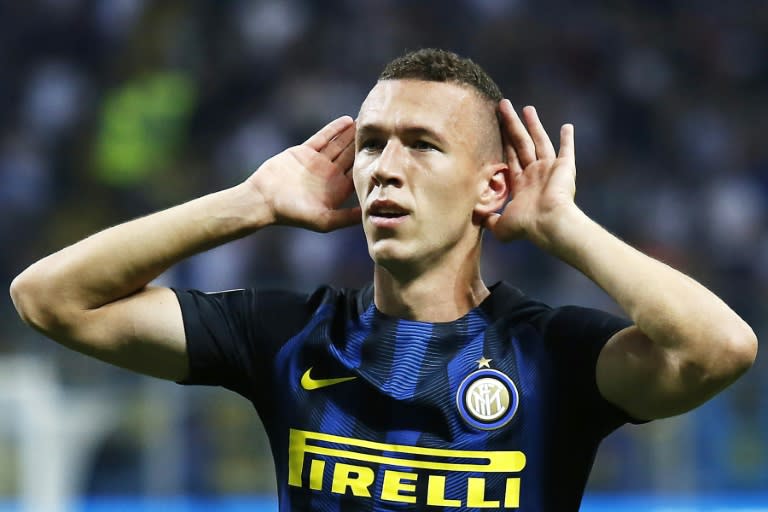 Inter Milan's forward Ivan Perisic from Croatia celebrates after scoring during the Italian Serie A football match Inter Milan vs Juventus