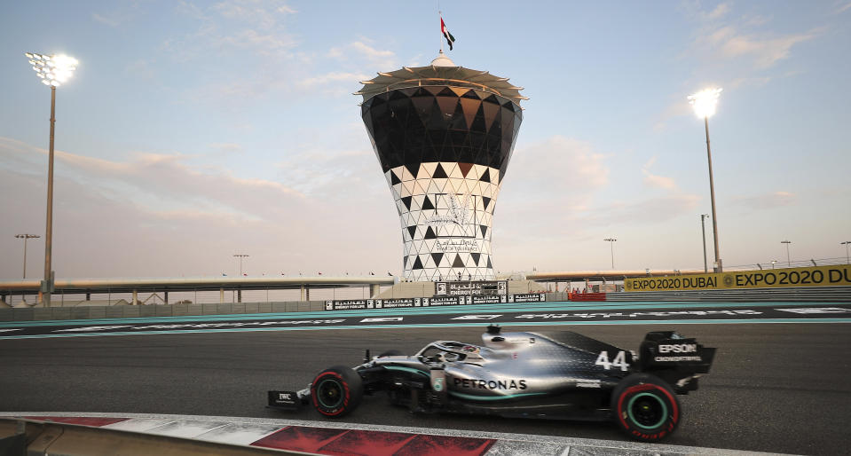 Mercedes driver Lewis Hamilton of Britain steers his car during the qualifying session at the Yas Marina racetrack in Abu Dhabi, United Arab Emirates, Saturday, Nov. 30, 2019. The Emirates Formula One Grand Prix will take place on Sunday. (AP Photo/Kamran Jebreili)