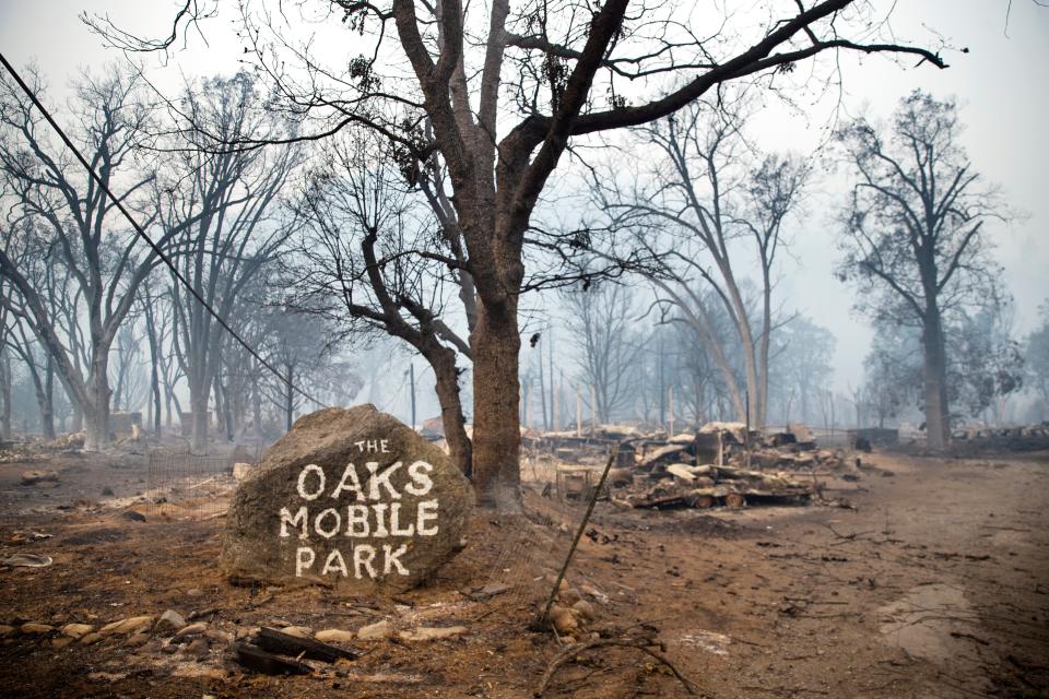 The Oaks Mobile Park lay in ruins in Klamath River, Calif. on Monday, Aug. 1, 2022 in the wake of the McKinney Fire.