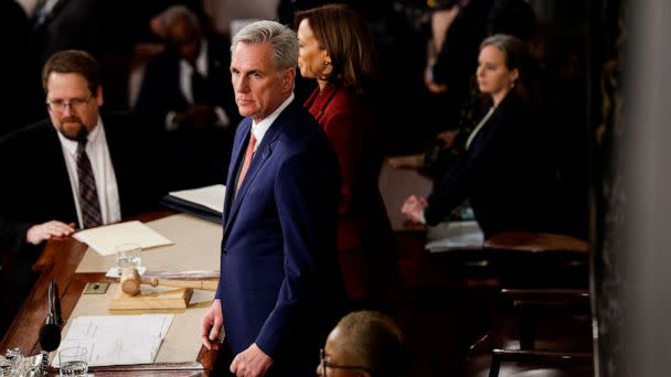 PHOTO: House Speaker Kevin McCarthy attends President Joe Biden's State of the Union address at the Capitol in Washington DC, Feb. 7, 2023. (Evelyn Hockstein/Reuters)