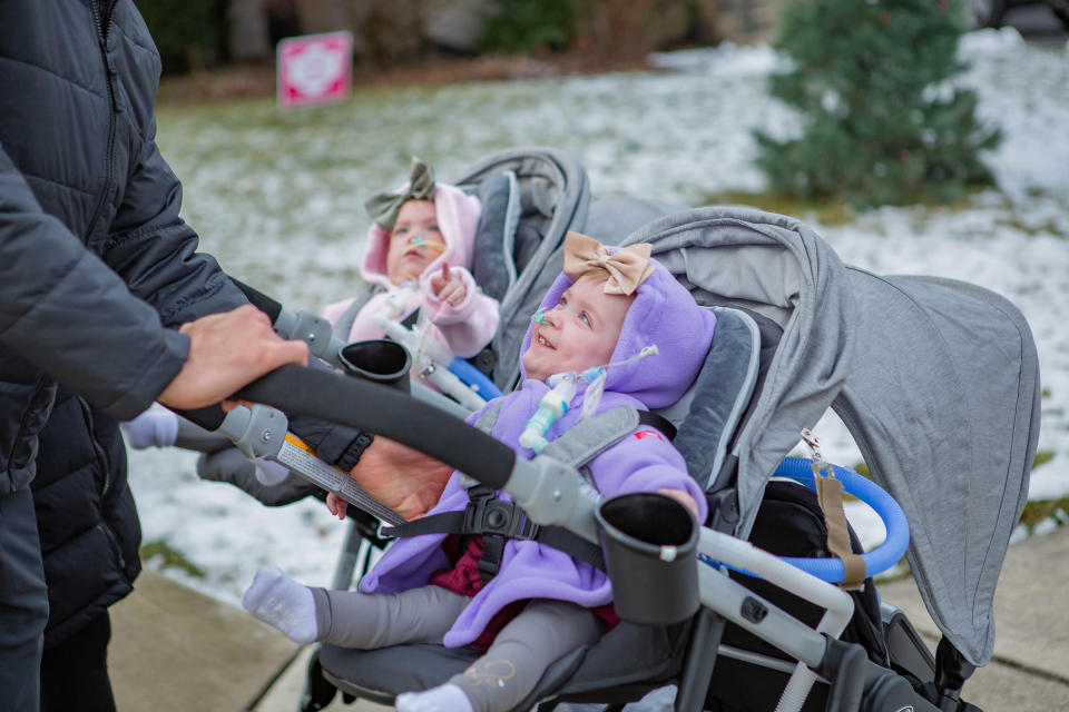 Addy and Lily have loads of therapy to gain strength and function after their surgery. But no matter how tough their days are, they always smile.  (Courtesy Children's Hospital of Philadelphia)