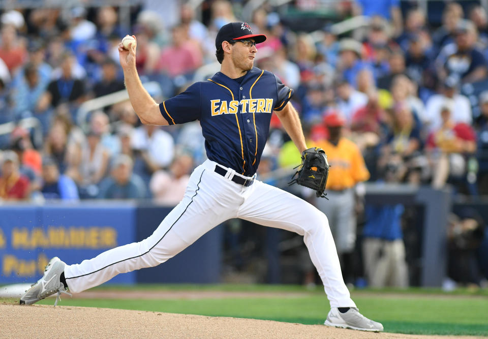 TRENTON, NJ - JULY 11: Jordan Romano #21 of the Eastern Division All-Stars pitches in the first inning during the 2018 Eastern League All Star Game at Arm & Hammer Park on July 11, 2018 in Trenton, New Jersey. (Photo by Mark Brown/Getty Images)