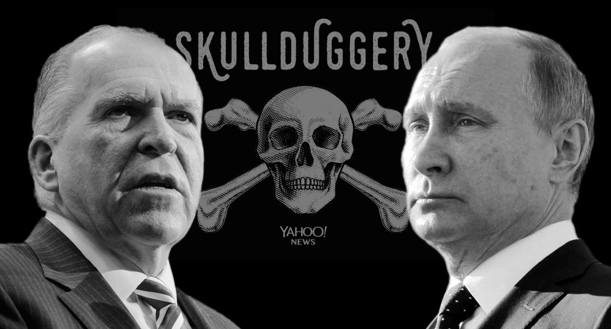 John Brennan, Vladimir Putin (Photo illustration: Yahoo News; photos: Andrew Harnik/AP, Sputnik/Mikhail Klimentyev via Reuters)