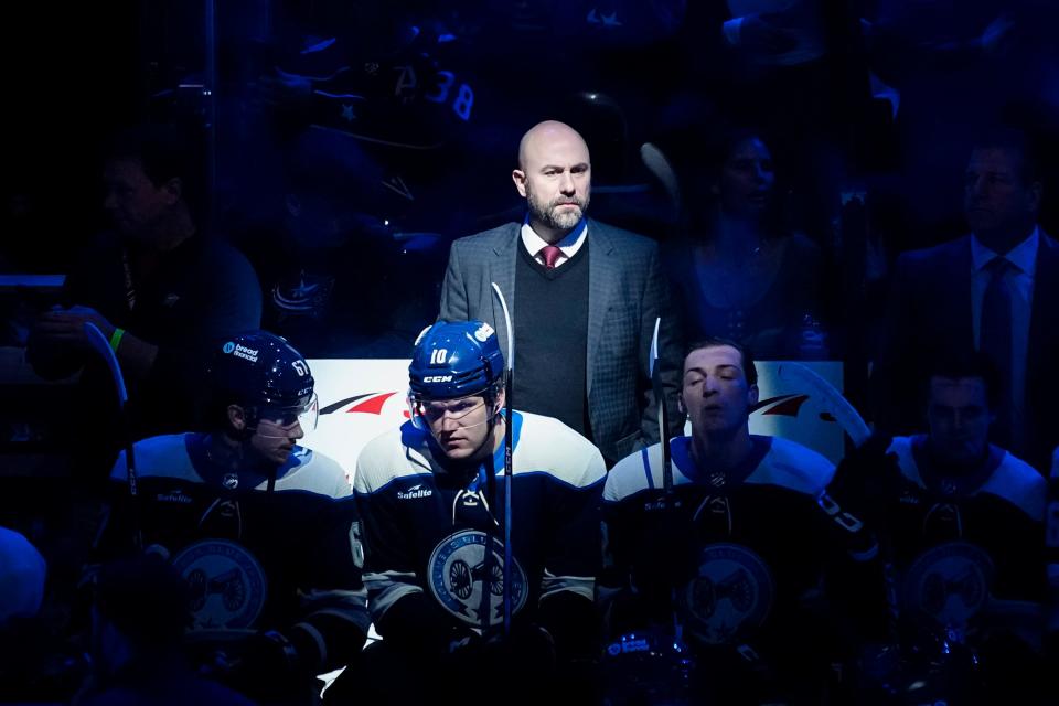 Apr 4, 2024; Columbus, Ohio, USA; Columbus Blue Jackets head coach Pascal Vincent stands behind the bench prior to the NHL hockey game against the New York Islanders at Nationwide Arena.