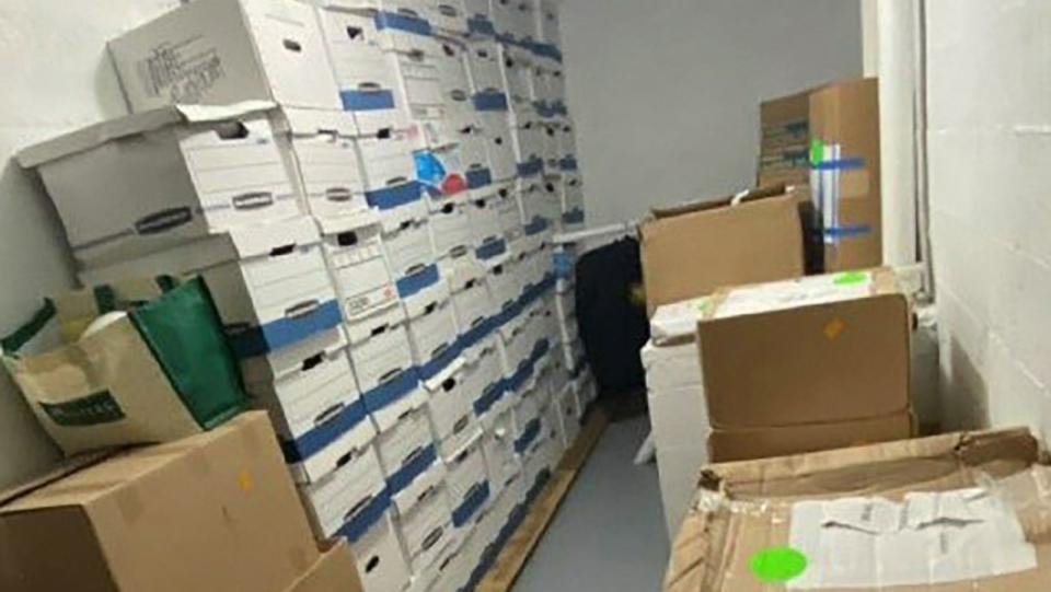 PHOTO: A photo contained in the indictment released on June 9, 2023, from the U.S. Southern District of Florida, shows boxes of potentially sensitive documents that were found at Mar-a-Lago in Palm Beach, Fla. (DOJ via US Southern District of Florida)