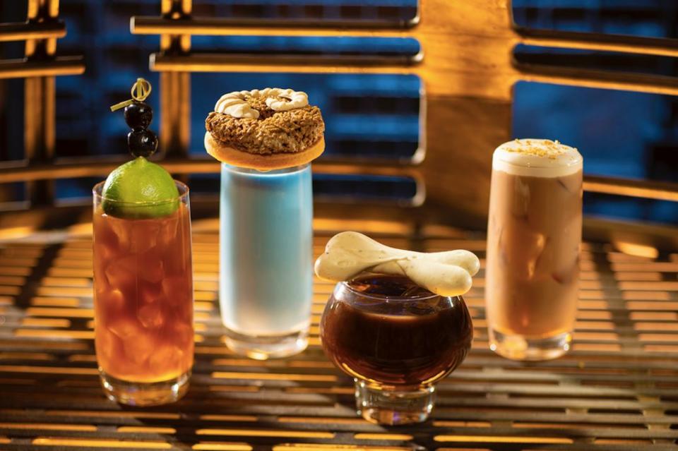 Breakfast beverages at Star Wars: Galaxy's Edge: Moogan Tea, Blue Bantha, Bloody Rancor and Black Spire Brew. (Disney Parks)