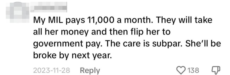 A TikTok comments talks about their experience with eldercare