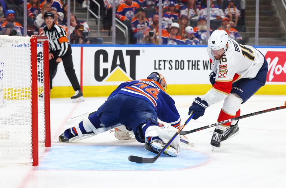 June 21, 2024; Edmonton, Alberta, CAN; Florida Panthers center Aleksander Barkov (16) scores a goal past Edmonton Oilers goaltender Stuart Skinner (74) in the third period in game six of the 2024 Stanley Cup Final at Rogers Place. Mandatory Credit: Sergei Belski-USA TODAY Sports