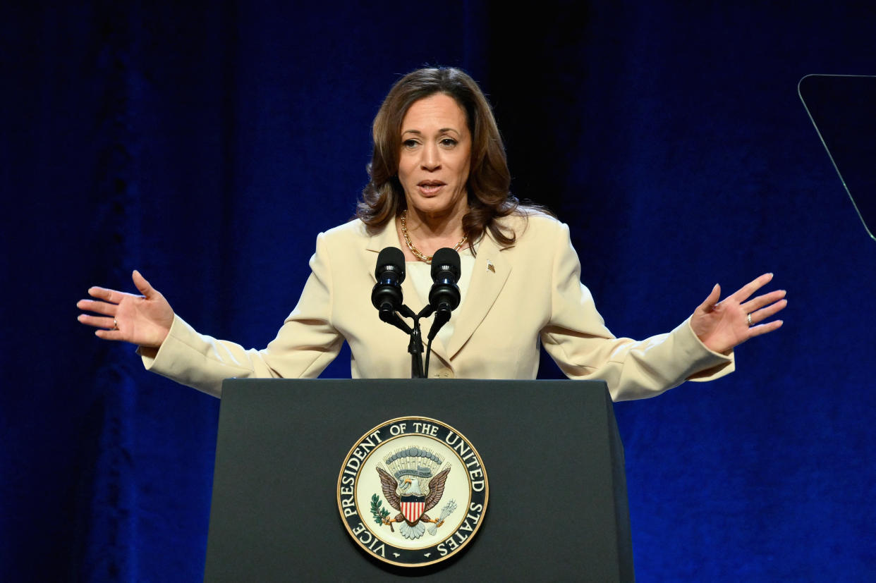Vice President Kamala Harris speaks at an event in New York City.