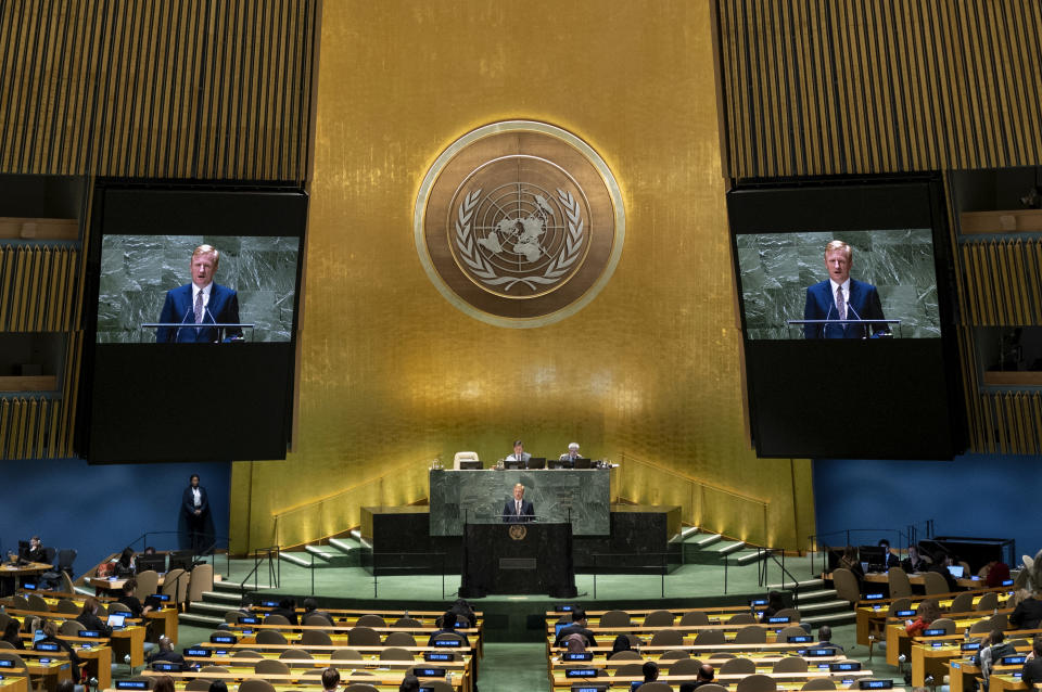 Deputy Prime Minister of United Kingdom Oliver Dowden addresses the 78th session of the United Nations General Assembly, Friday, Sept. 22, 2023, at United Nations headquarters. (AP Photo/Craig Ruttle)