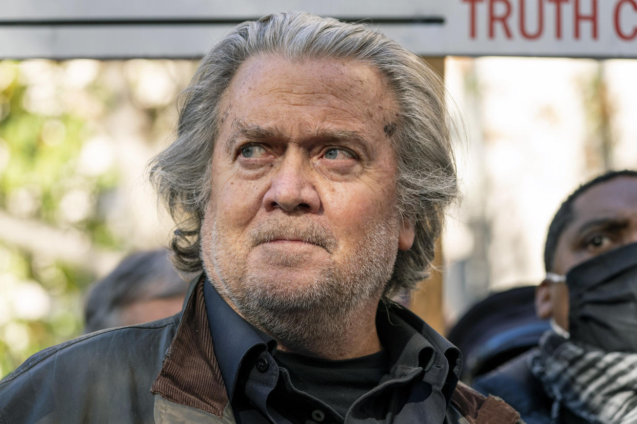 Former White House strategist Steve Bannon speaks with reporters after departing federal court on Nov. 15, 2021, in Washington.  (AP Photo/Alex Brandon)