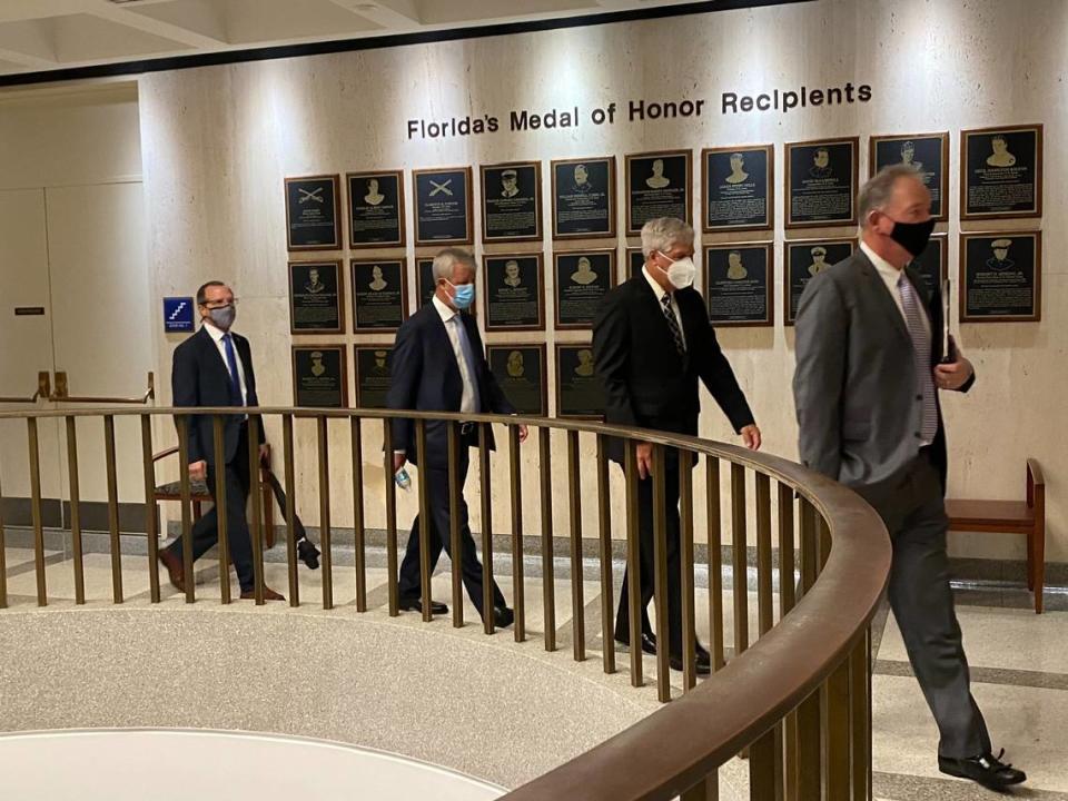 Pat Rooney, president of the Palm Beach Kennel Club, far right, leads a group of gambling executives to the governor’s office on Thursday, March 18. Gov. Ron DeSantis invited officials from Florida’s 26 remaining parimutuels to meet with him and Senate President Wilton Simpson as they draft gambling legislation, including a measure to give a gaming permit to the Fontainebleau Hotel in Miami Beach.