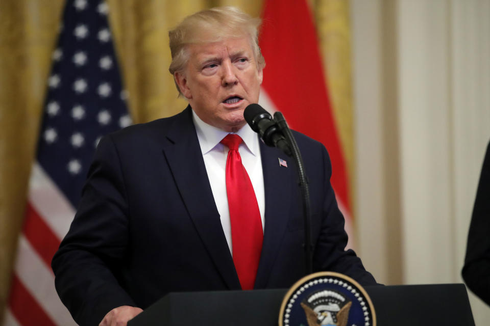 President Donald Trump speaks during a ceremony where Dutch Prime Minister Mark Rutte will present a 48-star flag flown on a U.S. Naval vessel during the D-Day invasion, in the East Room of the White House,  July 18, 2019, in Washington. (Photo: Carolyn Kaster/AP)