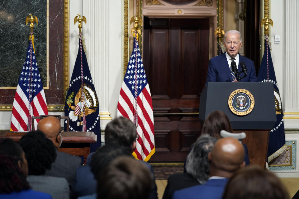 President Joe Biden speaks during an event to establish the Emmett Till and Mamie Till-Mobley National Monument, in the Indian Treaty Room in the Eisenhower Executive Office Building on the White House campus, Tuesday, July 25, 2023, in Washington. (AP Photo/Evan Vucci)