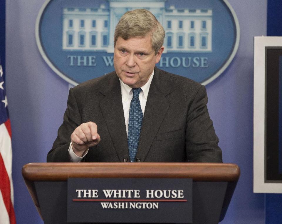 FILE - This Feb. 5, 2014 file photo shows Agriculture Secretary Tom Vilsack speaking in the White House briefing room in Washington. The number of U.S. farms is declining even as the value of their crops and livestock has increased over the past five years, a new government census of America's agriculture says. Also, farmers are getting older _ the average age was 58.3 years. But Vilsack points to a bright spot: a small rise in the number of farmers between 25 and 34 years old. (AP Photo/Pablo Martinez Monsivais, File)