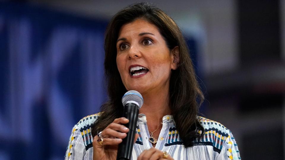 Republican presidential candidate Nikki Haley speaks during a campaign stop on July 6 in North Conway, New Hampshire.