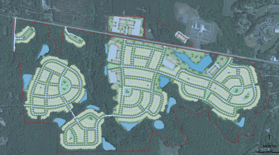 An illustration of Reeves Farm, a 1,500-unit development proposed for the west side of Pittsboro in Chatham County.