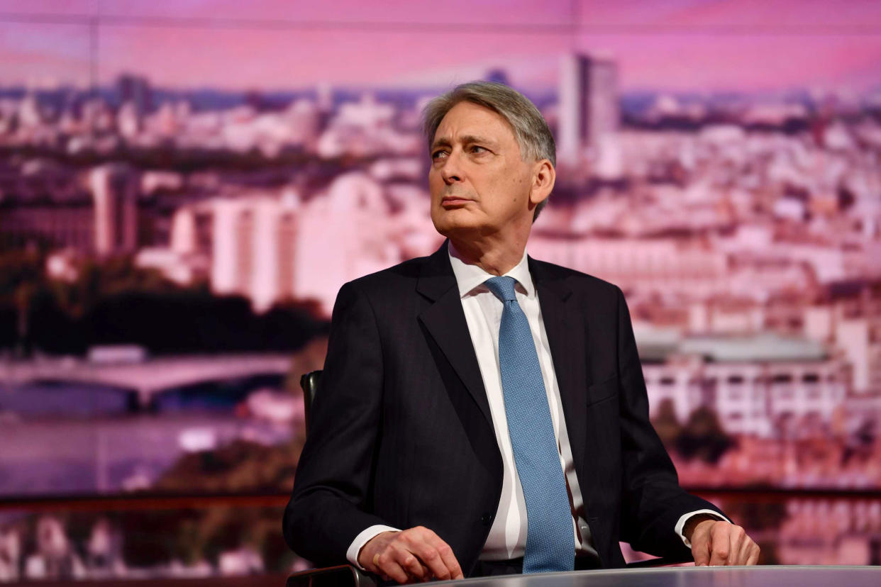 Britain’s Philip Hammond Chancellor of the Exchequer appears on BBC TV’s The Andrew Marr Show in London, Britain March 17, 2019. Photo: Jeff Overs/BBC/Handout