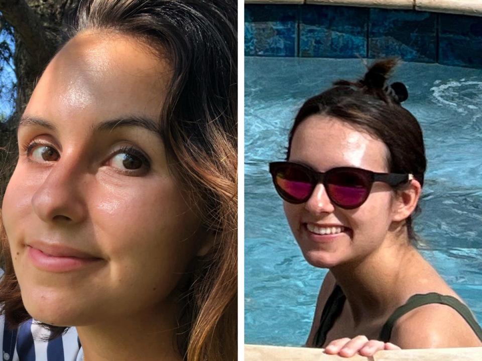 Author on left and right with greasy skin from sunscreen