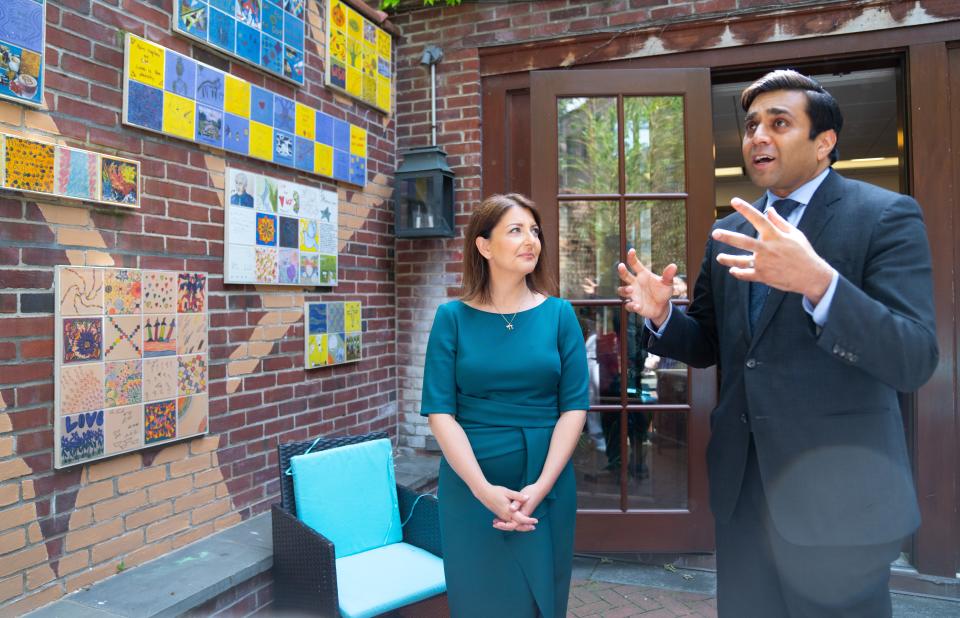 CDC Director Mandy Cohen, left, and New York City Health Commissioner Dr. Ashwin Vasan tour the Fountain House in New York City on May 14, 2024.