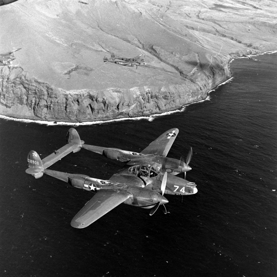 A P-38 Lightning above the Aleutian Islands, Alaska, 1943.