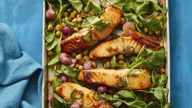 best healthy dinner recipes honey roasted salmon and radishes