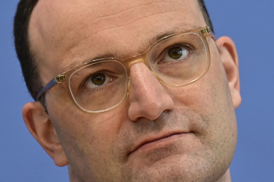 German Health Minister Jens Spahn attends a press conference on the situation of the coronavirus (Covid-19) pandemic in Germany, in Berlin on May 12, 2021. (Tobias Schwarz/AP via Pool)