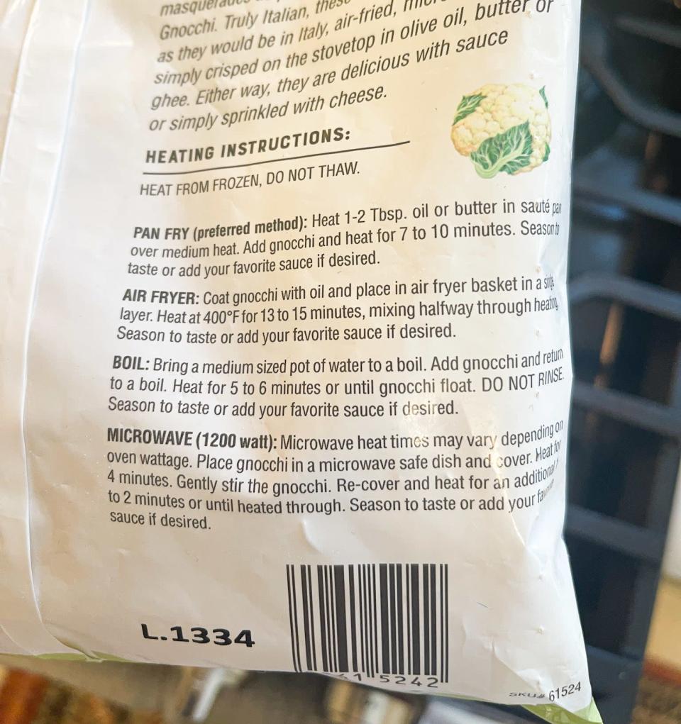 four different directions on package for air fryer gnocchi