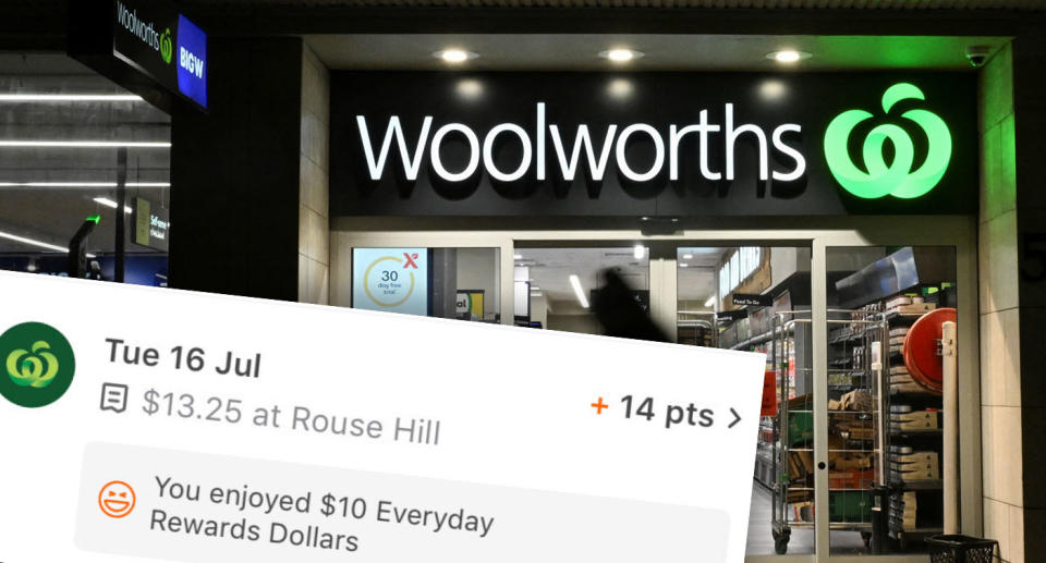 Woolworths storefront and an everyday rewards invoice that shows full points being awarded when using a $10 discount. 