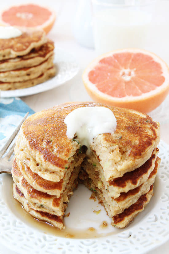 <strong>Get the <a href="http://www.twopeasandtheirpod.com/whole-wheat-zucchini-pancakes/" target="_blank">Whole Wheat Zucchini Pancakes recipe</a> from Two Peas and their Pod</strong>