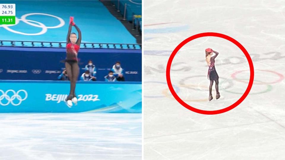 Kamila Valieva (pictured left) landing a quadruple jump at the Winter Olympics and (pictured right) celebrating the jump.