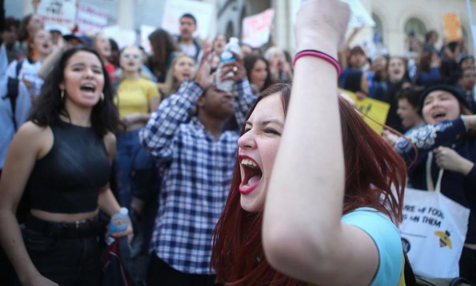 Students participate in a rally for National School Walkout Day to protest school violence on on 20 April in Los Angeles.