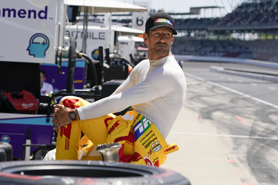 Romain Grosjean, of France, waits to practice for the Indianapolis 500 auto race at Indianapolis Motor Speedway, Tuesday, May 17, 2022, in Indianapolis. (AP Photo/Darron Cummings)