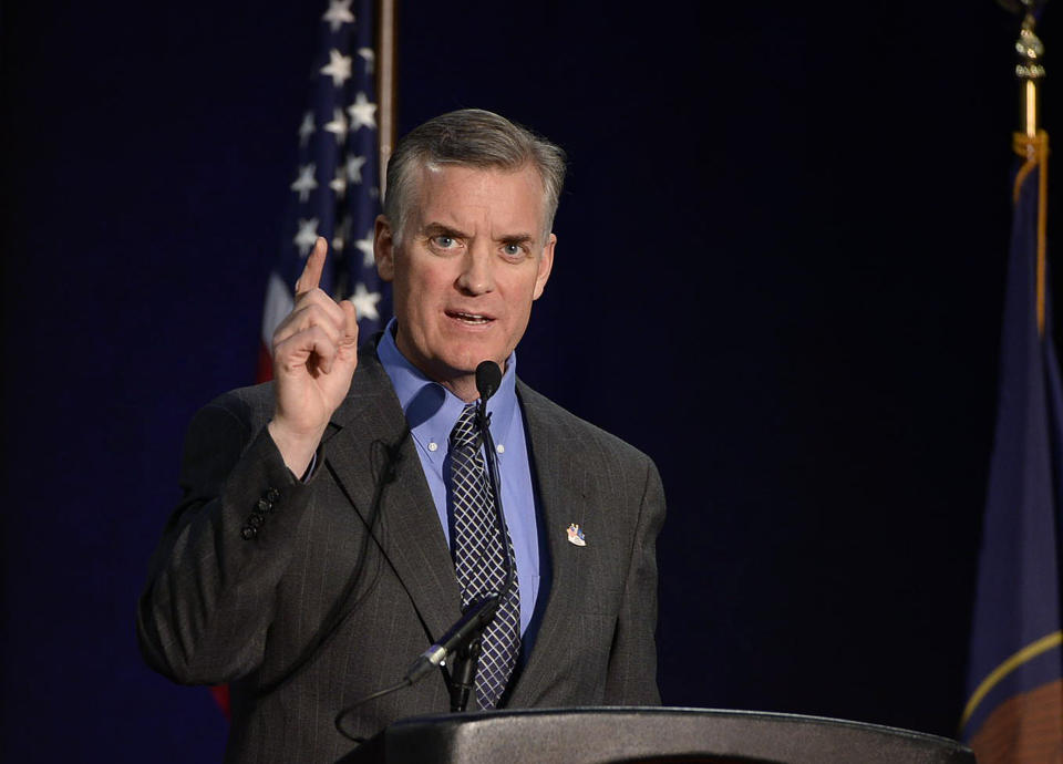 FILE - In this April 26, 2014 file photo Peter Corroon speaks during the Utah Democratic Convention, in Salt Lake city. State Democratic leaders and a couple of small business owners are blasting Utah's Republican leadership for its stubborn stance on public lands that led a lucrative outdoor trade show to leave town. Democrat State Party Chair Corroon said Tuesday, Feb. 21, 2017, at a news conference that the state's "land grab" rhetoric went too far this time. (Scott Sommerdorf /The Salt Lake Tribune via AP, file)