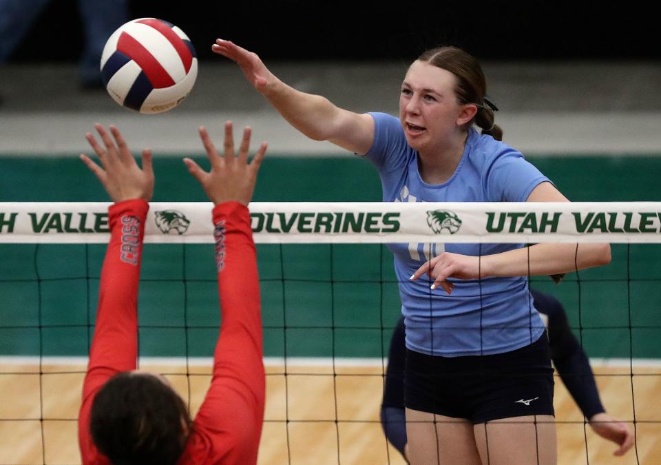 Salem Hills’ Ella Robbins hits the ball during a 5A volleyball state tournament quarterfinal game against Woods Cross at the UCCU Center in Orem on Thursday, Nov. 2, 2023. Woods Cross won 3-2. | Kristin Murphy, Deseret News