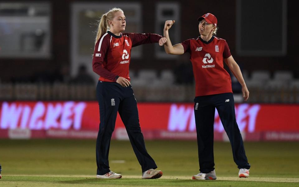 Sarah Glenn of England celebrates with Heather Knight after dismissing Stafanie Taylor of the West Indies during the 4th Vitality IT20 match between England Women and West Indies Women at the Incora County Ground on September 28, 2020 in Derby, England. - GETTY IMAGES