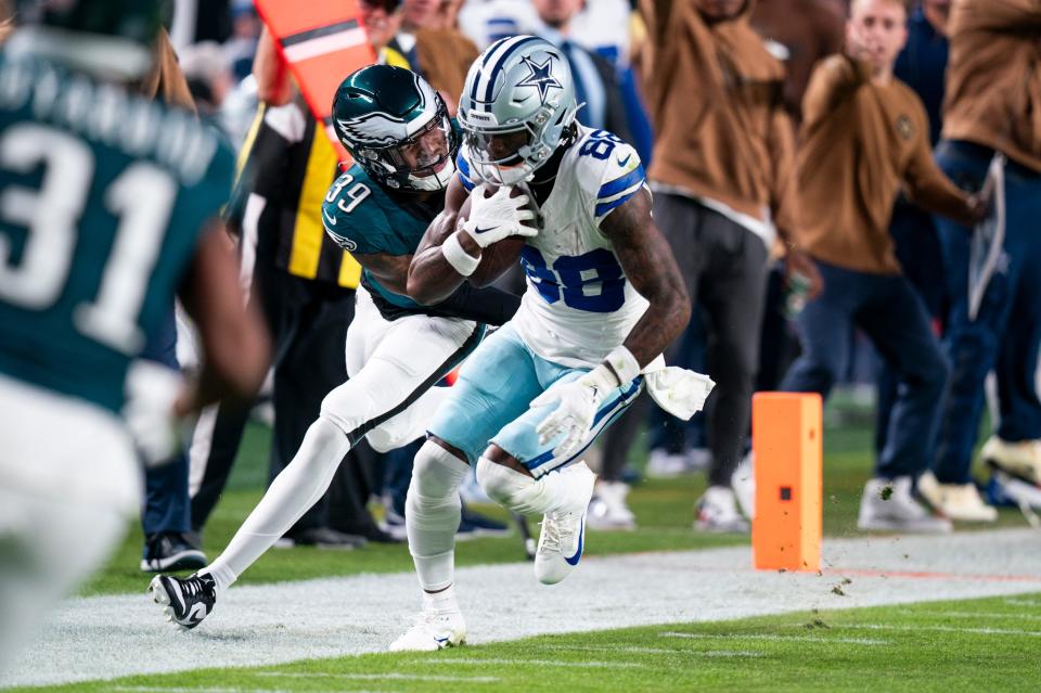 Dallas Cowboys wide receiver CeeDee Lamb (88) in action against Philadelphia Eagles cornerback Eli Ricks (39) during the NFL football game, Sunday, Nov. 5, 2023, in Philadelphia.