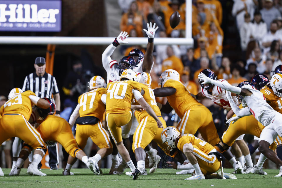 Tennessee's Chase McGrath (40) kicks a field goal during the first half of the team's NCAA college football game against Mississippi on Saturday, Oct. 16, 2021, in Knoxville, Tenn. (AP Photo/Wade Payne)