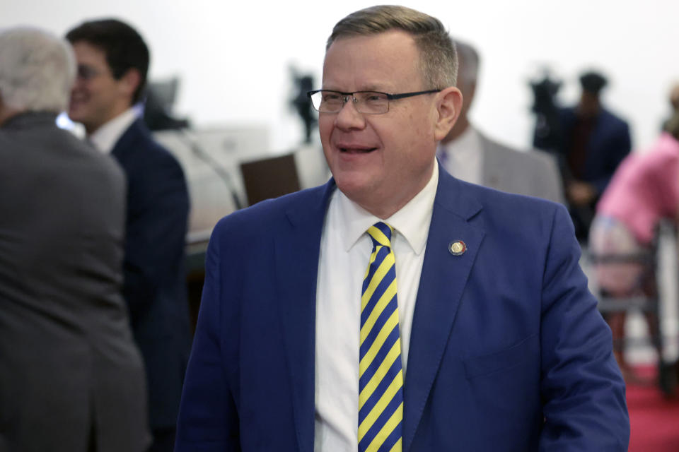 FILE - North Carolina House Speaker Tim Moore walks on the floor Tuesday, May 16, 2023, in Raleigh, N.C. Former President Donald Trump so far has endorsed candidates in two of the five open North Carolina Houose seats with Addison McDowell in the 6th District and Moore in the 14th District. (AP Photo/Chris Seward, File)