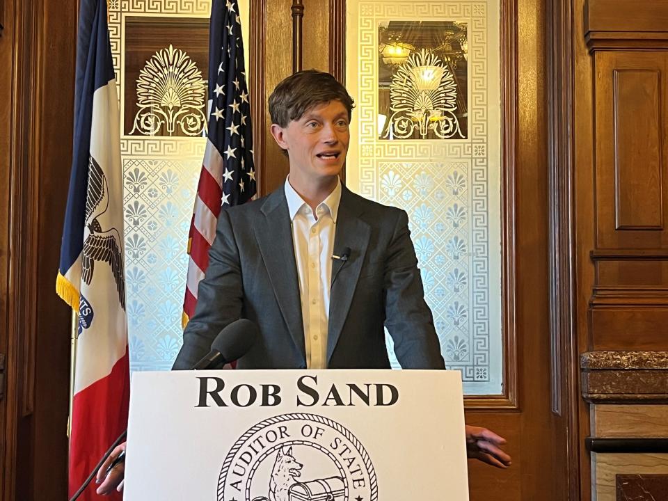 Iowa State Auditor Rob Sand holds a news conference after the Iowa House passed a bill limiting his office's powers on Thursday, April 20, 2023.