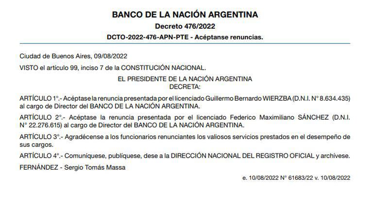 A diferencia de Lozano, el Gobierno agradeció la tarea de los otros dos directores del Banco Nación.