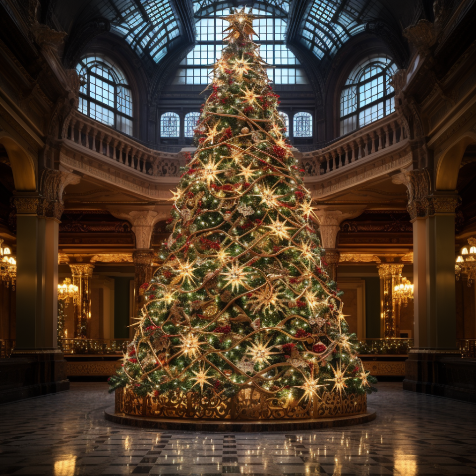 A very tall and grand Christmas tree in a great hall that's covered in golden lights, star-shaped ornaments, and ribbons, with a star on top and a short gate-like device on the bottom