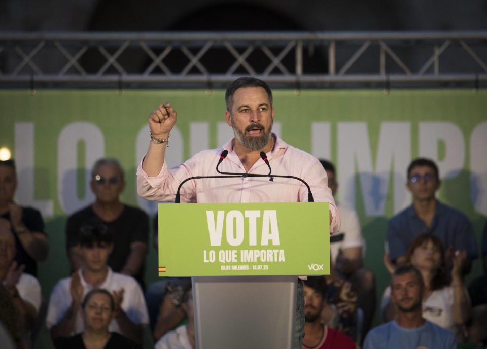 Le leader du parti d’extrême droite Vox, Santiago Abascal, lors d’un discours à Palma de Majorque le 14 juillet.