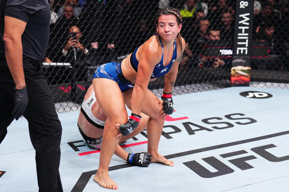 PARIS, FRANCE – SEPTEMBER 28: Ailin Perez of Argentina reacts after a submission win against Daria Zhelezniakova of Russia in a bantamweight bout during the UFC Fight Night event at Accor Arena on September 28, 2024 in Paris, France. (Photo by Chris Unger/Zuffa LLC)