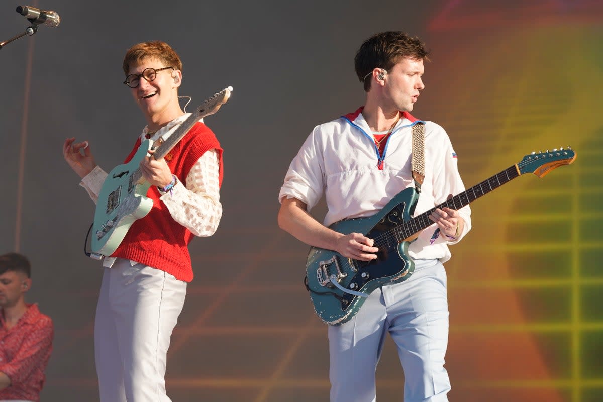 Dave Bayley, left, and Drew MacFarlane of Glass Animals perform at Lollapalooza Music Festival in Chicago in 2022 (2022 Invision)